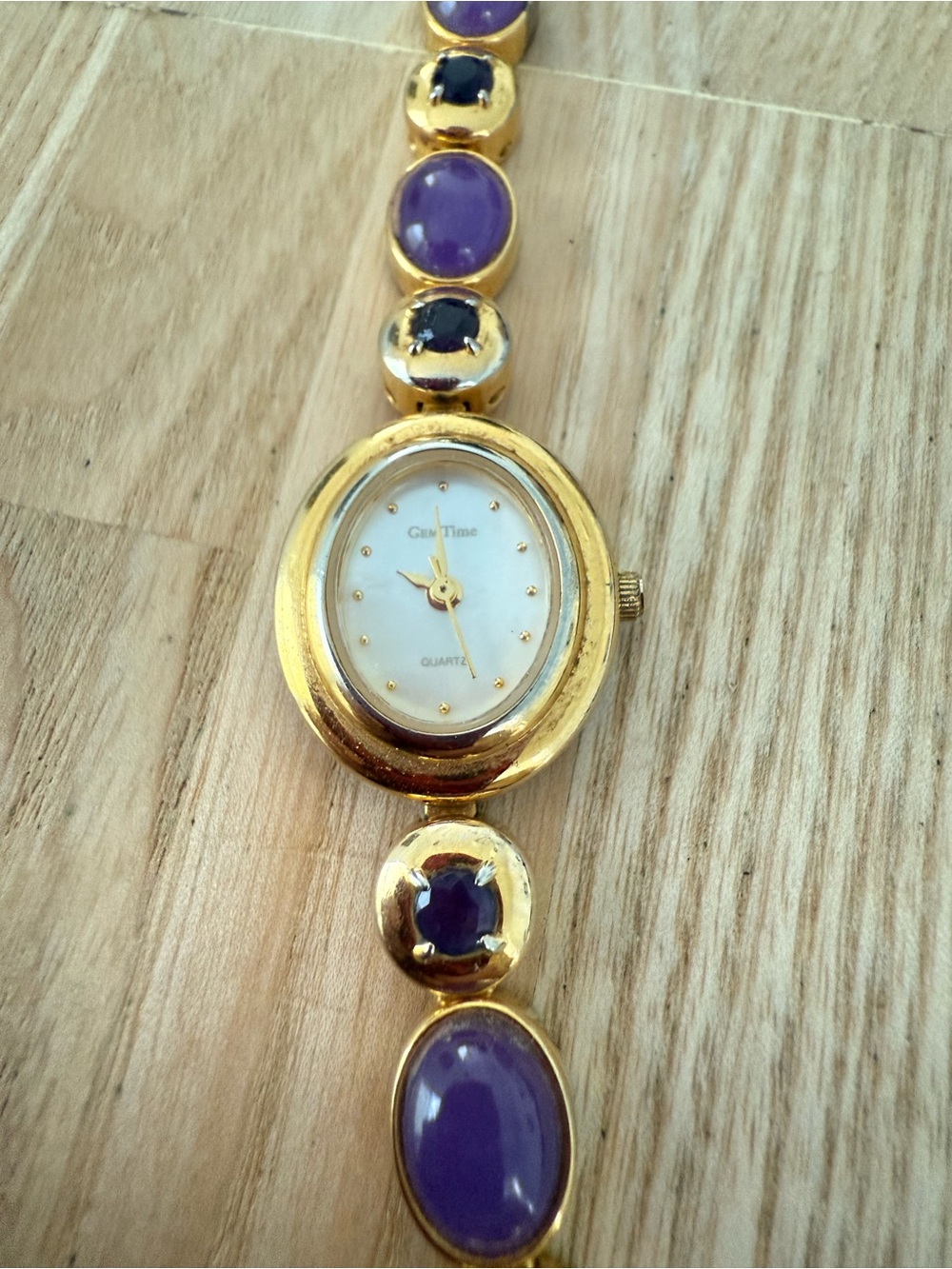 Vintage gem time gold tone purple stone watch NEW BATTERY